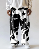Big Men's Vintage Cartoon Character Profile Printed Casual Loose Pants with Pocket